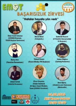 Türkisfarbenes Veranstaltungsplakat mit neun kreisrunden Unternehmensfotos und -porträts, eine ausgefeilte Branding-Fotografie für Projekte in Europa.