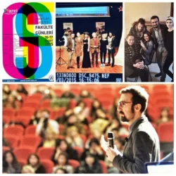 Referent, der während eines praktischen Fotoseminars in Berlin in offenem, dokumentarischem Stil zum Auditorium und zur Workshop-Gruppe spricht.