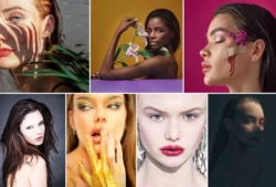 Polished editorial collage of portraits with bold makeup and dramatic lighting; beauty photography and editorial shooting in Europe.