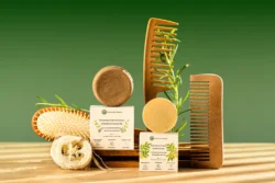 Formule Florale kutularında iki adet yuvarlak katı şampuan ve saç kremi kalıbı, ahşap taraklar, ahşap düz fırça, lif ve biberiye dalları ile çevrili, yeşil gradyan arka plan üzerinde ahşap bir yüzey üzerinde, sıcak ve yumuşak ışık altında. Fotoğraf: Burak Bulut Yıldırım — doğal, minimalist, çevre dostu, botanik, sıcak