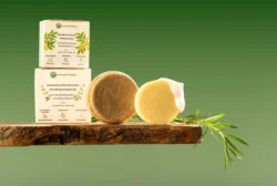 Ahşap bir tahta üzerinde botanik ambalajlı iki katı şampuan çubuğunun cilalı stüdyo çekimi, Avrupa'daki markalar için ürün fotoğrafçılığı.