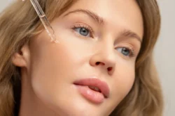 Cam damlalıktan serum alan bir modelin yakın plan güzellik çekimi, Avrupa'daki projeler için bir fotoğrafçı tarafından cilalı stüdyo güzellik fotoğrafçılığı.