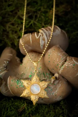 Yosun üzerinde ay taşlı altın yıldız kolyenin cilalı ürün fotoğrafçılığı, sinematik stil - Avrupa çapında fotoğrafçı.