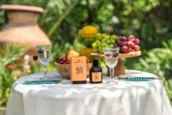 Ashley Joy Delight parfüm şişesi ve kutusunun meyve desenli bir masa üzerinde güneş ışığında çekilmiş ürün fotoğrafı, Avrupa için kampanya çekimi.