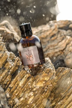 Arkadan aydınlatmalı ıslak kıyı kayalıkları üzerindeki kehribar parfüm şişesinin sinematik ürün fotoğrafçılığı - Avrupa'daki projeler için fotoğrafçı.