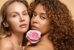 Parlak güzellik fotoğrafçılığı stüdyo çekimi: Avrupa'da, parlak tenli, yumuşak ışıklı ve pembe güllü iki kadının yakın plan portresi.