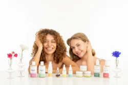 Beyaz fonda cilt bakım ürünleriyle gülümseyen iki model, Berlin'de cilalı stüdyo güzellik ve ürün fotoğrafçılığı.