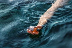 Dalgalı denizin üzerinde tutulan kehribar rengi kozmetik şişesi, sıcak ışık ve sığ odak - Avrupa için yerinde sinematik ürün fotoğrafçılığı.