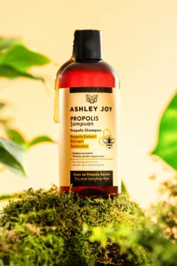 Ashley Joy propolis şampuan şişesinin sıcak stüdyo aydınlatması ile yosun üzerinde cilalı ürün fotoğrafçılığı, Avrupa'daki projeler için fotoğrafçı.