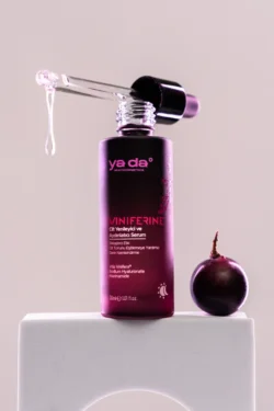 Damlayan pipet ve üzüm ile mor Viniferine serumunun cilalı stüdyo çekimi; Avrupa için ürün fotoğrafçılığı