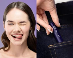 Bölünmüş görüntü: solda mor arka plan önünde göz kırpan ve dudaklarını yalayan genç bir kadının yakın çekim portresi; sağda lacivert Ashley Joy rujunu kot cebine koyan bir elin yakın çekimi — Fotoğraf: Burak Bulut Yıldırım. portre, güzellik, kozmetik, ticari, eğlenceli