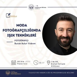 Rundes Studiofoto eines lächelnden, bärtigen Fotografen neben einem Text, der für einen praktischen Modefotografie-Workshop in Berlin wirbt.