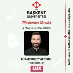 Plakat mit dem Porträt des Fotografen Burak Bulut Yildirim bei Studiobeleuchtung auf schwarzem Hintergrund, das für einen Meisterkurs für Fotografie wirbt.