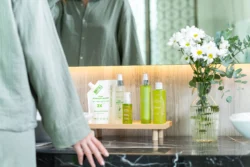 Papatyalı mermer bir makyaj masası üzerinde yeşil cilt bakımı şişeleri ve dolum poşetinin cilalı ürün çekimi - Avrupa'da ürün fotoğrafçılığı.