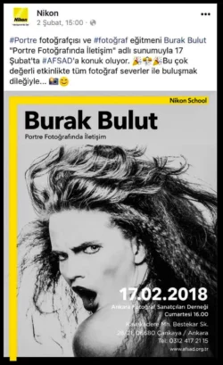 Kontrastreiches Schwarz-Weiß-Porträtplakat eines wildhaarigen Modells, das für Burak Buluts Seminar über Tiefenfotografie in Berlin wirbt.