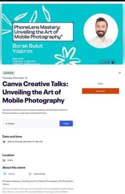 Türkisfarbenes Veranstaltungsbanner mit dem runden Kopfbild von Burak Bulut Yildirim und dem Titel, der für einen praktischen Meisterkurs für Fotografie in Berlin wirbt.