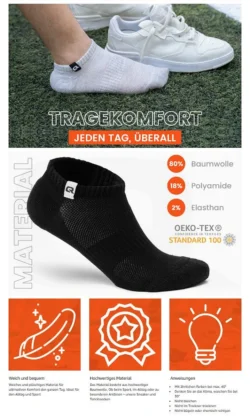 Dokulu örgü ve infografik etiketlere sahip düşük kesimli bir atletik çorabın cilalı stüdyo çekimi - Berlin ve Avrupa'da ürün fotoğrafçılığı.