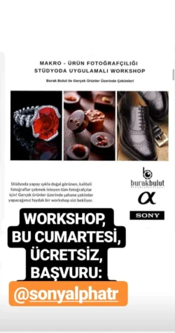 Makro-Produktplakat: Studioaufnahmen eines Rubinrings, von Pralinen und polierten Schuhen, Werbung für einen praktischen Fotografie-Workshop in Berlin.